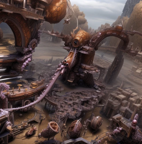 salvage yard,3d fantasy,labyrinth,maelstrom,flotsam and jetsam,ancient city,fantasy landscape,steampunk,mushroom landscape,steampunk gears,airships,ship wreck,digital compositing,arcanum,destroyed city,massively multiplayer online role-playing game,3d render,rusted,wasteland,fantasy world