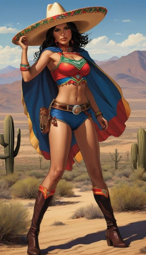 sombrero,lasso,la catrina,mexican hat,sombrero mist,mexican,super heroine,mexican mix,catrina calavera,desert background,cinco de mayo,catrina,latina,adelita,super woman,peruvian women,wonderwoman,margarita,mexican culture,world digital painting,Illustration,American Style,American Style 02