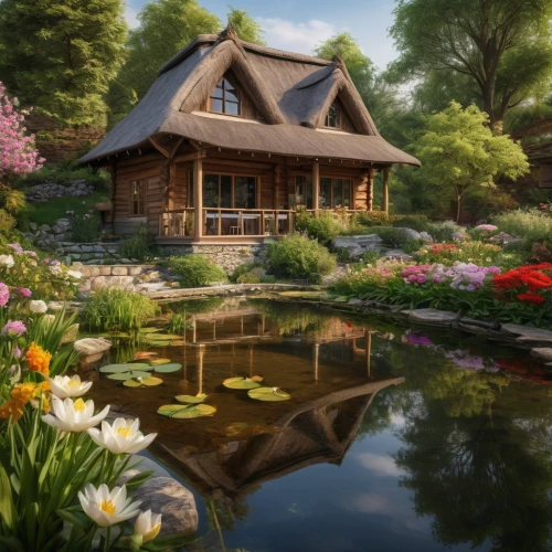 summer cottage,house with lake,pond flower,home landscape,house in the forest,country cottage,beautiful home,garden pond,cottage,cottage garden,house by the water,wooden house,country house,lily pond,summer house,traditional house,little house,house in mountains,house in the mountains,pool house,Photography,General,Natural