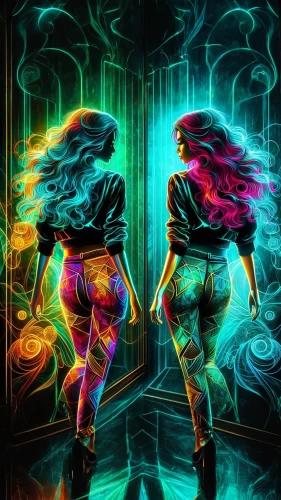 neon ghosts,neon body painting,neon cocktails,uv,psychedelic art,neon lights,gemini,neon colors,neon light,neon candies,neon cakes,neon,neon arrows,parallel,80s,disco,two girls,colored lights,sirens,cyberpunk