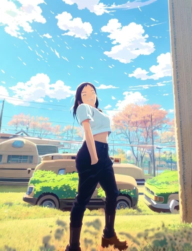 girl and car,anime 3d,panoramical,studio ghibli,sakura background,2d,clear sky,japanese sakura background,sky,outside,flying girl,blue sky,digital compositing,a beautiful day,sunny day,summer sky,background image,virtual world,girl lying on the grass,virtual landscape,Common,Common,Japanese Manga