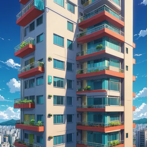 sky apartment,apartment block,apartment building,residential tower,an apartment,apartment-blocks,apartment blocks,apartment complex,apartment house,apartments,high-rise building,apartment buildings,high rises,colorful facade,block of flats,honolulu,high-rises,high rise,balconies,apartment,Illustration,Japanese style,Japanese Style 03