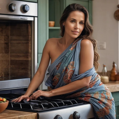 girl in the kitchen,cookware and bakeware,sauté pan,pregnant woman icon,food and cooking,cooking,housewife,brie,oven polenta,southern cooking,vinci,cooktop,sarong,rhonda rauzi,vintage kitchen,sousvide,homemaker,domestic,kitchen appliance accessory,kitchen towel,Photography,General,Natural