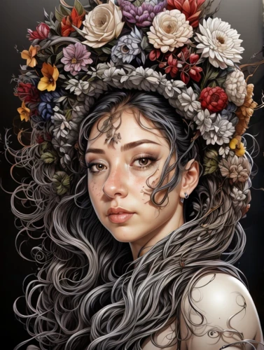 fantasy portrait,girl in flowers,elven flower,girl in a wreath,mystical portrait of a girl,wreath of flowers,floral wreath,fantasy art,beautiful girl with flowers,wilted,faery,flower crown,flower girl,rose wreath,blooming wreath,flora,dryad,kahila garland-lily,boho art,the enchantress