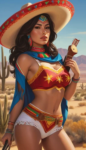 sombrero,lasso,mexican,la catrina,margarita,latina,mexican mix,cinco de mayo,wonderwoman,catrina,mexican culture,desert background,mexican holiday,mariachi,adelita,mexico,fantasy woman,peruvian women,candela,catrina calavera,Illustration,American Style,American Style 08