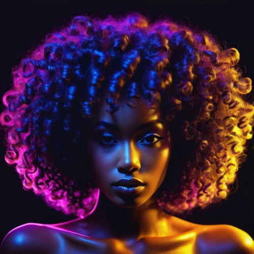 afro-american,afroamerican,afro,afro american girls,ultraviolet,african american woman,afro american,african woman,gold and purple,neon body painting,gradient mesh,digital painting,black woman,black light,artificial hair integrations,beautiful african american women,mystical portrait of a girl,colorful light,fantasy portrait,purpleabstract,Illustration,Abstract Fantasy,Abstract Fantasy 20