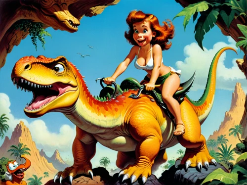 prehistoric,dinosaurs,dino,jurassic,crocodile woman,dinosaruio,trex,landmannahellir,tyrannosaurus,tyrannosaurus rex,t rex,palaeontology,t-rex,dinosaur,rubber dinosaur,primeval times,cynorhodon,safari,paleontology,monkey island,Illustration,Retro,Retro 18
