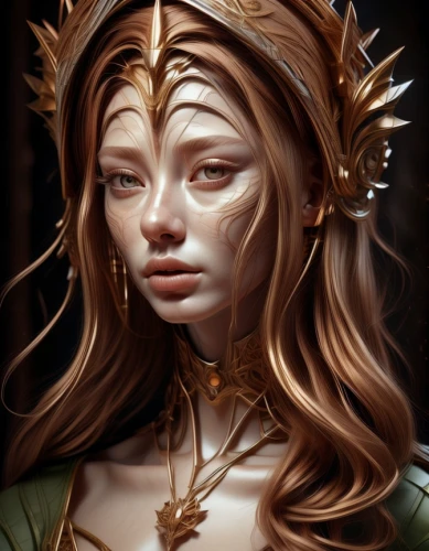 fantasy portrait,dryad,wood elf,elven,medusa,golden crown,gold crown,priestess,the enchantress,fantasy art,sculpt,golden mask,artemisia,gold mask,seven sorrows,gold foil crown,crowned,elven flower,zodiac sign libra,sorceress