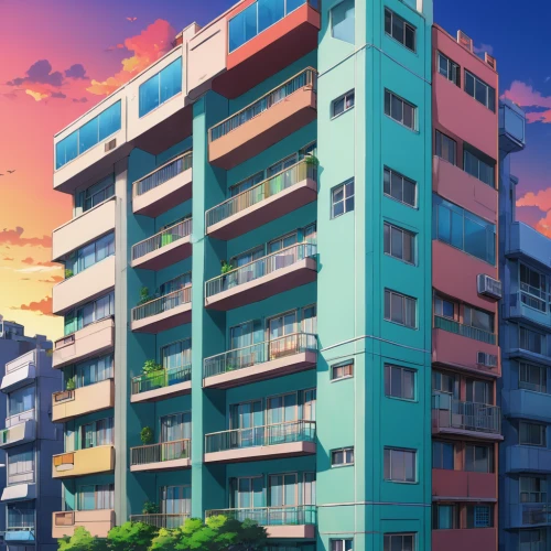 apartment block,sky apartment,apartment building,apartment complex,an apartment,apartment house,honolulu,apartment blocks,apartment-blocks,apartment buildings,block of flats,apartments,colorful city,apartment,shared apartment,high rises,high-rises,balconies,block balcony,summer sky,Illustration,Japanese style,Japanese Style 03