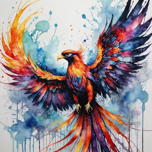 bird painting,watercolor bird,colorful birds,eagle illustration,phoenix rooster,phoenix,color feathers,eagle,eagle drawing,gryphon,bird of prey,watercolor paint strokes,fawkes,eagle vector,feathers bird,fire birds,art painting,african eagle,colorful background,ornamental bird,Illustration,Paper based,Paper Based 20