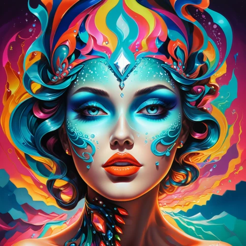 psychedelic art,neon body painting,fantasy art,fantasy portrait,boho art,colorful background,mermaid vectors,fantasy woman,psychedelic,mystical portrait of a girl,bodypainting,shamanic,the festival of colors,colorful spiral,masquerade,aquarius,medusa,vibrant,world digital painting,the enchantress,Illustration,Realistic Fantasy,Realistic Fantasy 39