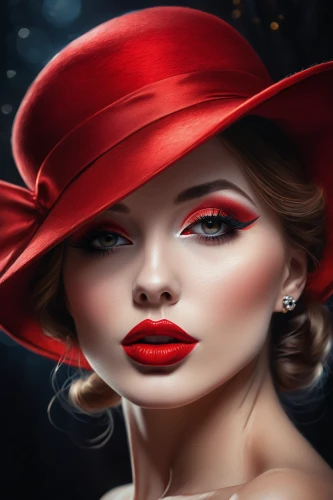 red hat,lady in red,the hat of the woman,the hat-female,fashion illustration,red lips,world digital painting,red lipstick,red cap,romantic portrait,red coat,woman's hat,ladies hat,girl wearing hat,fashion vector,vintage makeup,man in red dress,black hat,beautiful bonnet,women's cosmetics,Photography,General,Cinematic