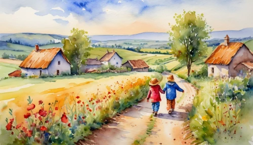 watercolor painting,watercolor,watercolor paint,watercolor background,girl and boy outdoor,home landscape,watercolour,watercolor shops,rural landscape,village life,young couple,watercolors,village scene,cottages,watercolor paper,little girls walking,flower painting,watercolor pencils,children drawing,art painting,Illustration,Paper based,Paper Based 24