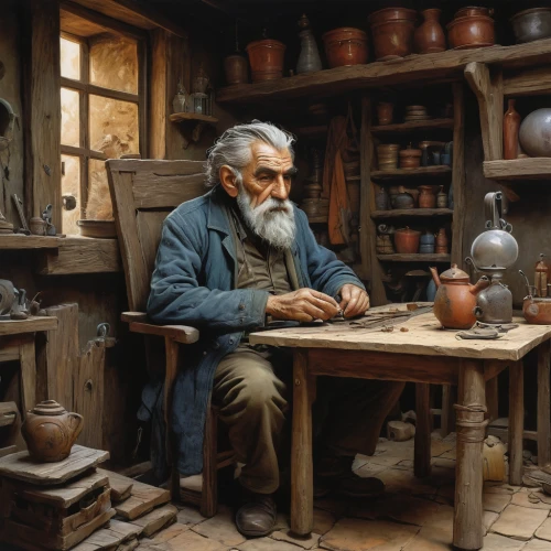 tinsmith,craftsman,shoemaker,a carpenter,woodworker,apothecary,lev lagorio,geppetto,metalsmith,merchant,watchmaker,carpenter,luthier,craftsmen,elderly man,artisan,italian painter,blacksmith,potter's wheel,man with a computer,Illustration,Realistic Fantasy,Realistic Fantasy 06