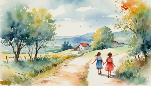watercolor background,autumn walk,watercolor,little girls walking,watercolor painting,watercolor paint,autumn idyll,watercolour,watercolors,watercolor shops,one autumn afternoon,walk with the children,watercolor women accessory,watercolor sketch,passepartout,watercolor paper,autumn day,autumn landscape,girl and boy outdoor,towards the garden,Illustration,Paper based,Paper Based 25
