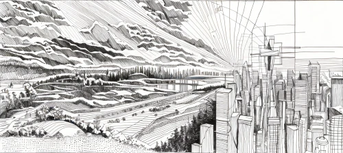 futuristic landscape,city scape,mono-line line art,mountainside,post-apocalyptic landscape,moutains,terraforming,virtual landscape,mountains,mountain ranges,mountain valleys,snow mountains,mountainous landscape,mountainous landforms,mono line art,building valley,snow drawing,terrain,mountain range,mountain slope