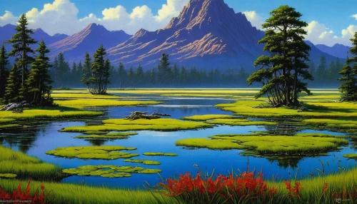 salt meadow landscape,meadow landscape,landscape background,mountain landscape,mountain meadow,mountainous landscape,nature landscape,mountain scene,river landscape,background view nature,beautiful landscape,natural landscape,landscape nature,high landscape,forest landscape,mountain plateau,alpine meadow,mountain lake,mountain range,mountain pasture,Illustration,American Style,American Style 07