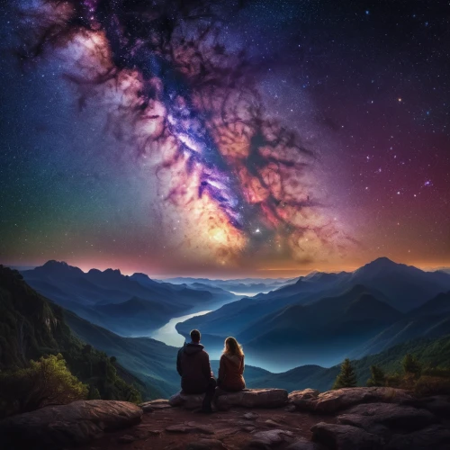 astronomers,astronomy,the milky way,stargazing,the universe,galaxy collision,milky way,the night sky,space art,fantasy picture,travelers,celestial phenomenon,universe,astronomer,astronomical,photomanipulation,meteor shower,pillars of creation,night sky,scene cosmic,Photography,General,Natural