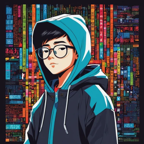 wpap,vector illustration,vector art,vector graphic,hoodie,digiart,cyber glasses,illustrator,pixel art,pixelgrafic,cyber,vector image,edit icon,coder,cyan,pixel cells,adobe illustrator,anime cartoon,city ​​portrait,portrait background,Illustration,Japanese style,Japanese Style 06