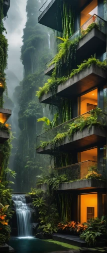 green waterfall,futuristic landscape,eco hotel,apartment block,tropical house,green living,apartment complex,apartment building,house in the forest,futuristic architecture,waterfalls,greenforest,house in mountains,tropical jungle,rain forest,tropical greens,apartment blocks,home landscape,waterfall,asian architecture,Photography,General,Fantasy