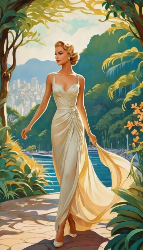 the blonde in the river,connie stevens - female,art deco woman,girl in a long dress,girl on the river,maureen o'hara - female,art deco background,aphrodite,marilyn monroe,marylyn monroe - female,promenade,woman walking,marylin monroe,gardenia,background image,scent of jasmine,vintage illustration,magnolia,blue jasmine,jasmine,Illustration,Retro,Retro 08