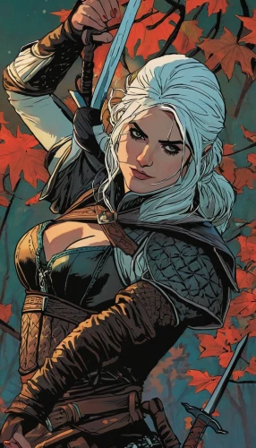 witcher,swordswoman,rosa ' amber cover,huntress,female warrior,awesome arrow,best arrow,archer,katana,arrow,a200,heroic fantasy,bow and arrows,ivy,background ivy,cable,birds of prey-night,birds of prey,swath,dagger,Illustration,American Style,American Style 08