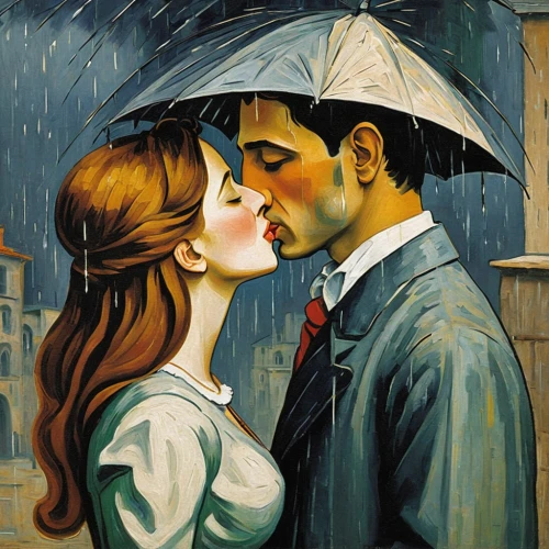 romantic portrait,romantic scene,young couple,in the rain,man with umbrella,amorous,vintage man and woman,as a couple,girl kiss,brolly,romance novel,first kiss,two people,walking in the rain,honeymoon,kissing,love in the mist,romantic,courtship,rainy day,Art,Artistic Painting,Artistic Painting 05