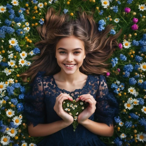 girl in flowers,beautiful girl with flowers,flower background,girl in a wreath,floral background,holding flowers,floral heart,girl picking flowers,blooming wreath,floral,daisies,spring background,falling flowers,wreath of flowers,flower wall en,bellis perennis,blue daisies,flower girl,colorful floral,paper flower background,Photography,General,Fantasy