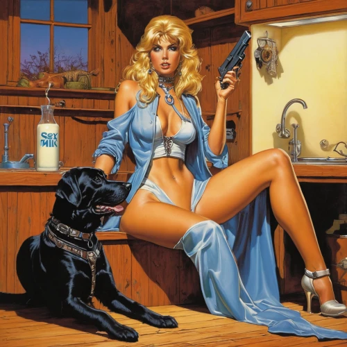 connie stevens - female,girl with gun,girl with dog,girl with a gun,retro women,blonde woman,farrah fawcett,gun dog,barmaid,retriever,smith and wesson,veterinarian,female dog,retro woman,private investigator,blonde dog,housework,vintage art,policewoman,domestic animal,Illustration,American Style,American Style 07