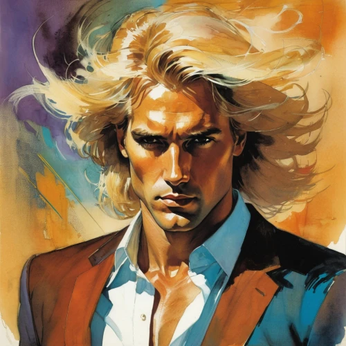 sanji,rainmaker,trunks,robert harbeck,howl,sting,ocelot,golden haired,god of thunder,hawks,phantom,apollo,power icon,jasper,70's icon,highlander,joseph,blond,male character,white lion,Illustration,Paper based,Paper Based 12