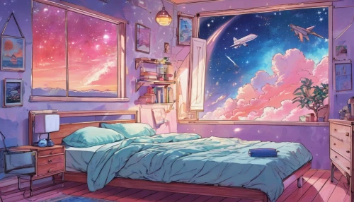 bedroom,room,the little girl's room,fairy galaxy,sleeping room,dream world,sky apartment,children's bedroom,bedroom window,boy's room picture,dreamland,one room,star sky,unicorn background,room creator,stargazing,blue room,space,kids room,dreaming,Illustration,Japanese style,Japanese Style 19