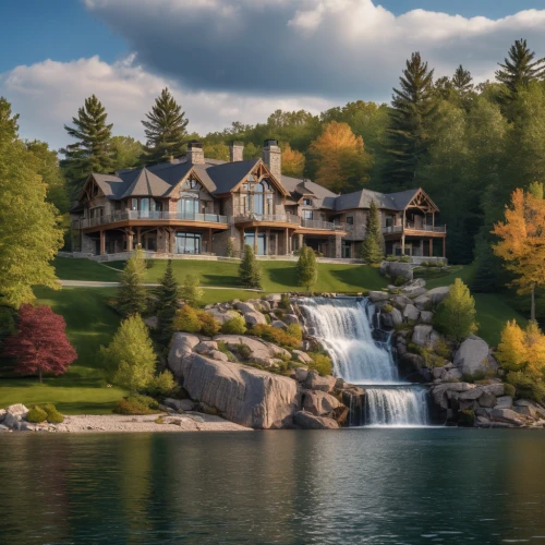 house in mountains,house with lake,house in the mountains,vermont,house by the water,log home,the cabin in the mountains,beautiful home,fall landscape,luxury property,house in the forest,summer cottage,home landscape,luxury home,idyllic,cottagecore,water mill,new england style house,log cabin,beautiful landscape,Photography,General,Natural