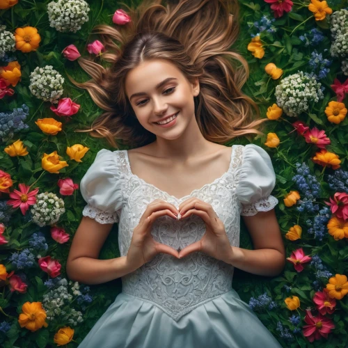 girl in flowers,beautiful girl with flowers,floral heart,flower background,floral background,girl in a wreath,quinceañera,romantic portrait,daisy heart,holding flowers,heart with crown,with roses,flower wall en,a girl's smile,cute heart,colorful heart,paper flower background,cinderella,floral,heart,Photography,General,Fantasy