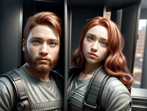 redheads,ginger family,the long-hair cutter,passengers,clone jesionolistny,clones,cg artwork,cg,father and daughter,fallout4,boy and girl,digital compositing,color is changable in ps,3d rendered,cgi,clone,red-haired,little boy and girl,custom portrait,hair coloring