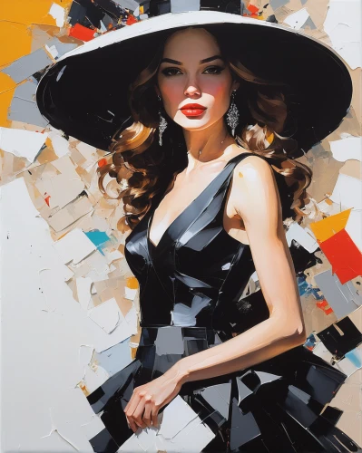 fashion illustration,fashion vector,black hat,italian painter,art painting,the hat-female,oil painting on canvas,woman's hat,meticulous painting,jigsaw puzzle,cool pop art,photo painting,the hat of the woman,panama hat,painter,painter doll,pretty woman,oil painting,painted lady,trilby,Conceptual Art,Oil color,Oil Color 07