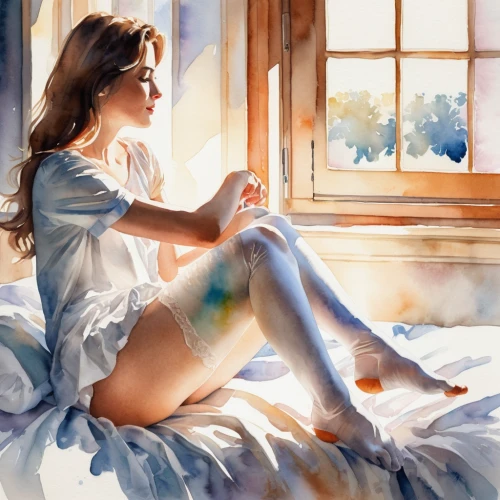 watercolor blue,watercolor painting,watercolor,watercolor paint,fashion illustration,window sill,relaxed young girl,morning glories,photo painting,watercolor background,art painting,painter,morning light,woman on bed,nightgown,windowsill,watercolor paint strokes,italian painter,watercolors,morning glory,Illustration,Paper based,Paper Based 25