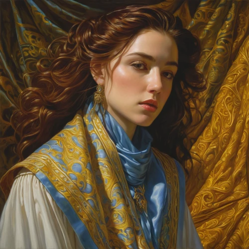 portrait of a girl,fantasy portrait,romantic portrait,mystical portrait of a girl,portrait of a woman,artemisia,girl with cloth,young woman,woman portrait,artist portrait,girl portrait,girl in cloth,cleopatra,portrait background,portrait of christi,portrait,accolade,mary-gold,oil painting,lilian gish - female,Illustration,Realistic Fantasy,Realistic Fantasy 03
