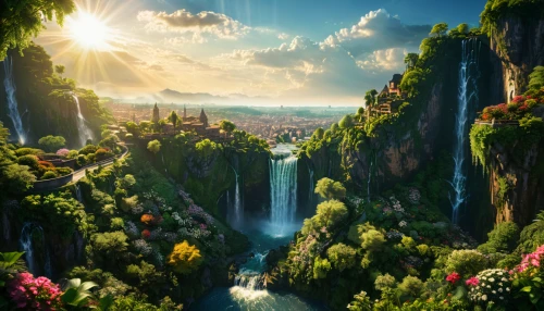 fantasy landscape,fantasy picture,landscape background,wasserfall,beautiful landscape,mountain world,green waterfall,fairy world,waterfalls,fantasy world,nature landscape,3d fantasy,mountainous landscape,landscapes beautiful,background view nature,world digital painting,wonders of the world,falls of the cliff,futuristic landscape,canyon,Photography,General,Fantasy