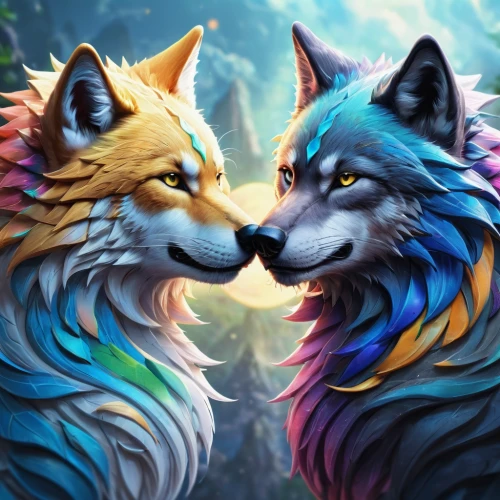 wolf couple,two wolves,wolves,foxes,sun and moon,furta,colorful foil background,two lion,edit icon,fantasy art,lions couple,fairy tale icons,color dogs,custom portrait,fox stacked animals,canines,beautiful couple,game illustration,fantasy portrait,werewolves,Photography,General,Natural