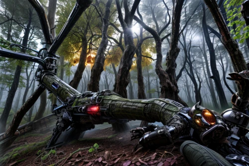 district 9,paintball equipment,hunting decoy,battlefield,skirmish,climbing helmets,shooter game,first person,heavy crossbow,digital compositing,patrols,game art,lost in war,hunting,battle gaming,atv,singletrack,robot combat,3d archery,forests