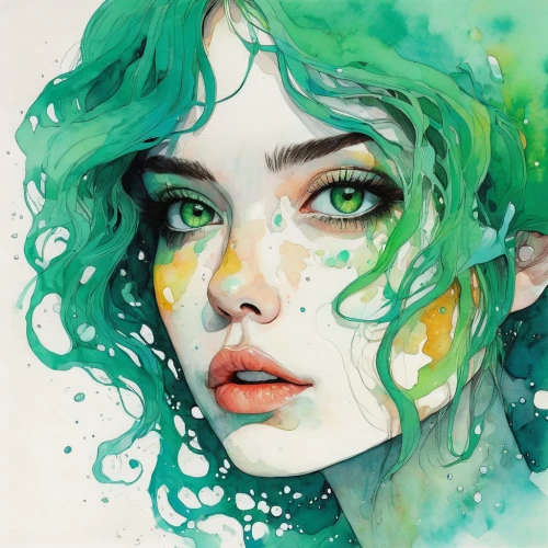dryad,poison ivy,fantasy portrait,fae,faery,watercolor painting,watercolor paint,green mermaid scale,watercolor,menta,watercolor pencils,green skin,the enchantress,faerie,mystical portrait of a girl,watercolors,watercolor mermaid,elven,water colors,emerald,Illustration,Paper based,Paper Based 19