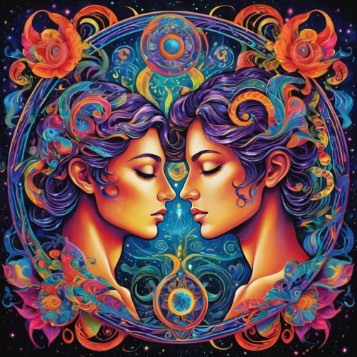 gemini,psychedelic art,two people,into each other,mantra om,heart chakra,couple - relationship,mirror of souls,kaleidoscope art,zodiac sign gemini,tantra,intertwined,amorous,duality,man and woman,kaleidoscope,self unity,harmonious,harmony,two girls,Illustration,Realistic Fantasy,Realistic Fantasy 39