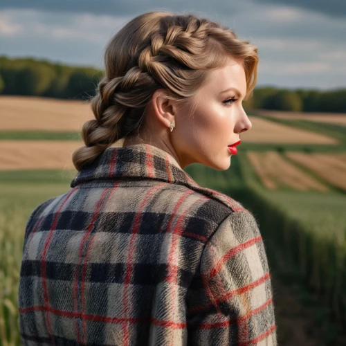 country dress,countrygirl,braid,farm girl,french braid,wheat ear,woman of straw,braiding,strands of wheat,autumn plaid pattern,braids,updo,cowboy plaid,heidi country,country style,vintage woman,katniss,braided,light plaid,pompadour,Photography,General,Natural