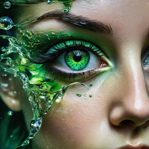 peacock eye,dryad,green skin,women's eyes,green eyes,green bubbles,green water,dewdrop,faery,green waterfall,eyes makeup,natural cosmetics,absinthe,dew drop,green mermaid scale,regard,emerald,green pufferfish,the enchantress,splash photography,Illustration,Paper based,Paper Based 03