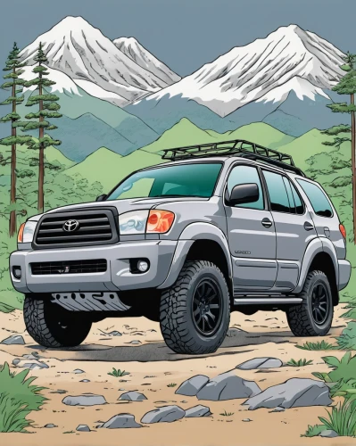 4 runner,toyota 4runner,toyota tacoma,toyota tundra,ford ranger,subaru rex,compact sport utility vehicle,toyota land cruiser,honda ridgeline,mitsubishi endeavor,expedition camping vehicle,nissan xterra,toyota highlander,ford expedition,chevrolet colorado,toyota land cruiser prado,4wd,all-terrain,gmc canyon,off-road vehicles,Illustration,Japanese style,Japanese Style 04