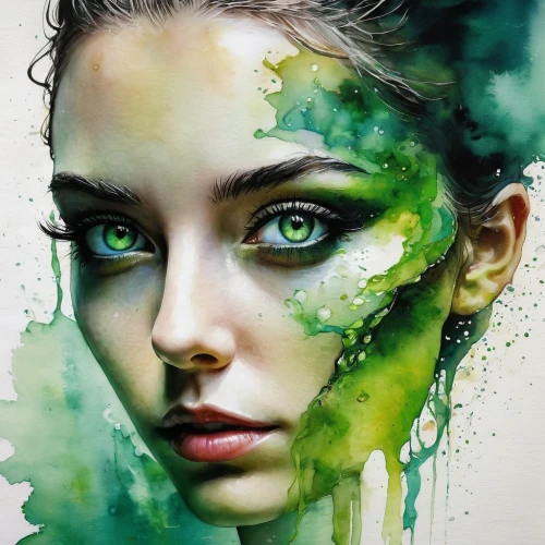 green skin,dryad,bodypainting,body painting,bodypaint,art painting,fantasy art,faery,painting technique,painter,world digital painting,photoshop manipulation,mystical portrait of a girl,meticulous painting,natural cosmetics,woman face,oil painting on canvas,the enchantress,body art,splintered,Illustration,Paper based,Paper Based 03