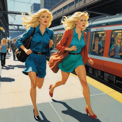 retro women,the girl at the station,commuting,model years 1958 to 1967,retro eighties,london underground,vintage illustration,modern pop art,vintage art,connie stevens - female,intercity,the style of the 80-ies,oil painting on canvas,commute,pedestrians,advertising campaigns,model years 1960-63,blonde woman,joint dolls,cool pop art,Illustration,American Style,American Style 14