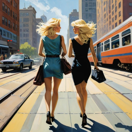 two girls,oil painting on canvas,oil painting,young women,world digital painting,commuting,art painting,pedestrians,photo painting,crosswalk,blond girl,city life,blonde woman,woman shopping,travelers,street scene,one-way street,street artists,beautiful photo girls,fashion illustration,Illustration,American Style,American Style 08