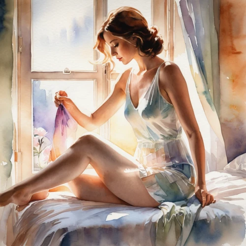 woman drinking coffee,girl with cereal bowl,woman on bed,watercolor pin up,glass painting,morning light,the girl in nightie,nightgown,watercolor painting,fabric painting,dressmaker,girl with cloth,carol m highsmith,photo painting,cleaning woman,art painting,girl in cloth,laundress,window curtain,woman with ice-cream,Illustration,Paper based,Paper Based 25