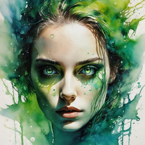 dryad,mystical portrait of a girl,the enchantress,faery,fae,fantasy portrait,green eyes,fantasy art,faerie,world digital painting,poison ivy,green skin,elven,girl with tree,girl portrait,green,digital art,splintered,portrait of a girl,emerald,Illustration,Paper based,Paper Based 03